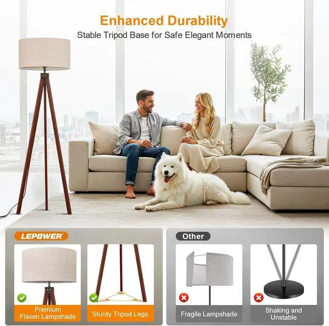 Alt view image 2 of 7 - LEPOWER Wood Tripod Floor Lamp, Mid Century Standing Lamp, Modern Design Studying Light for Living Room, Bedroom, Study Room and Office, Flaxen Linen Shade with E26 Base Brown