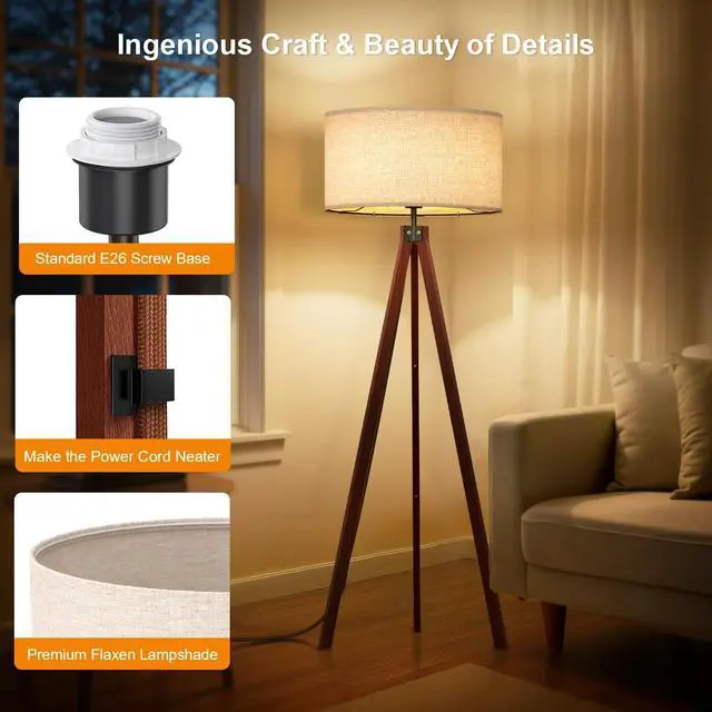 Alt view image 3 of 7 - LEPOWER Wood Tripod Floor Lamp, Mid Century Standing Lamp, Modern Design Studying Light for Living Room, Bedroom, Study Room and Office, Flaxen Linen Shade with E26 Base Brown