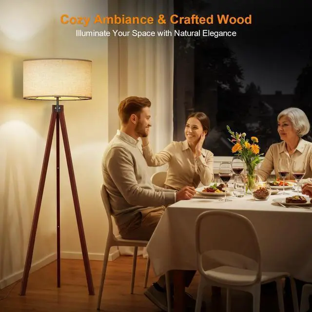 Alt view image 4 of 7 - LEPOWER Wood Tripod Floor Lamp, Mid Century Standing Lamp, Modern Design Studying Light for Living Room, Bedroom, Study Room and Office, Flaxen Linen Shade with E26 Base Brown