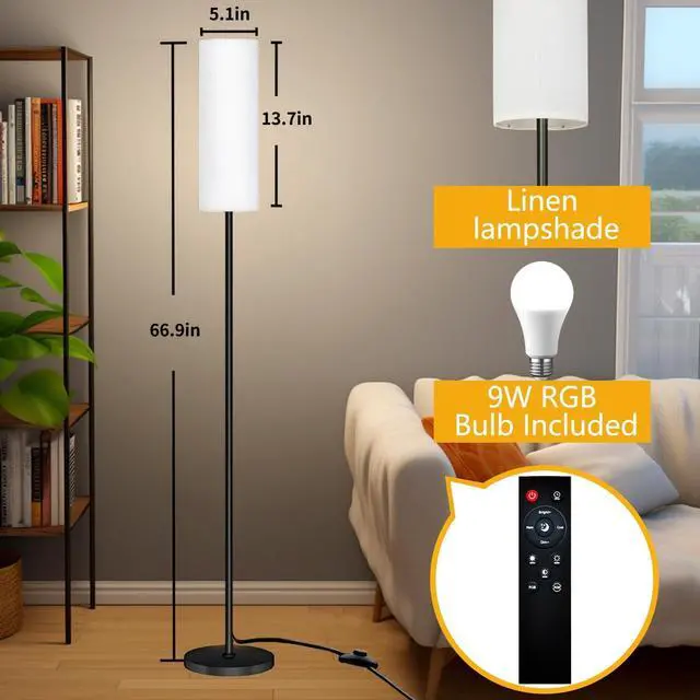 Alt view image 2 of 7 - Smart LED Floor Lamp with APP Control & RGB Colors - Dimmable Standing Lamp for Living Room, Bedroom, Gaming - Remote, Timer, 9W Bulb Included, 67" Modern Tall Lamp (White)