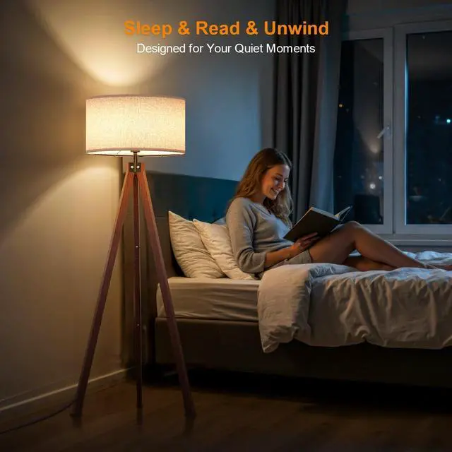 Alt view image 6 of 7 - LEPOWER Wood Tripod Floor Lamp, Mid Century Standing Lamp, Modern Design Studying Light for Living Room, Bedroom, Study Room and Office, Flaxen Linen Shade with E26 Base Brown