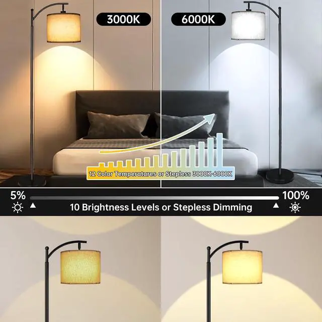 Alt view image 2 of 7 - mukuxin LED Floor Lamps for Living Room, 12W 1200LM Modern Arc Floor Lamp with Remote & Adjustable Linen Lampshade, 12 Color Temperature Stepless Dimmable Tall Standing Lamp (Beige)