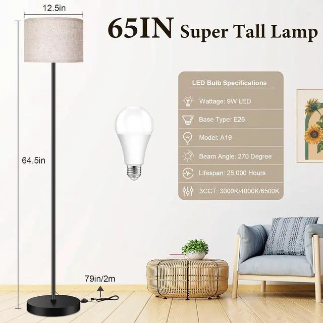 Alt view image 2 of 7 - TOBUSA 65 Floor Lamp for Living Room Bedroom with 3CCT LED Bulb, Modern Standing Lamp Drum Shade, Standing Lamp with Foot Switch Black Pole, Dimmable Simple Design Stand Up Lamp for Office Reading