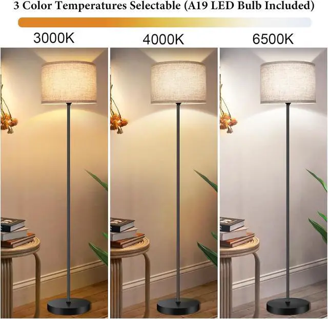 Alt view image 3 of 7 - TOBUSA 65 Floor Lamp for Living Room Bedroom with 3CCT LED Bulb, Modern Standing Lamp Drum Shade, Standing Lamp with Foot Switch Black Pole, Dimmable Simple Design Stand Up Lamp for Office Reading