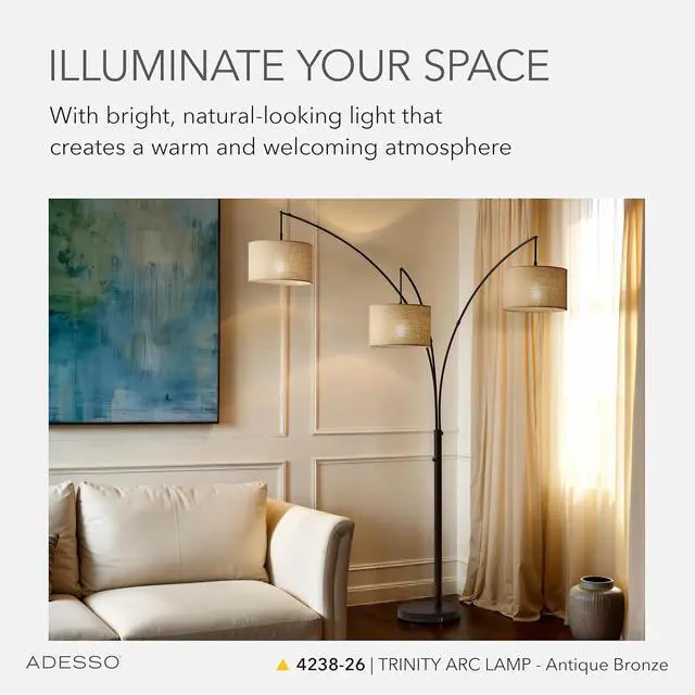 Alt view image 2 of 7 - Adesso Arc Floor Lamp with 3 Movable Shades & Dimmable Brightness - Perfect Lighting for Bedroom, Living Room and Corner Decor, Antique Bronze