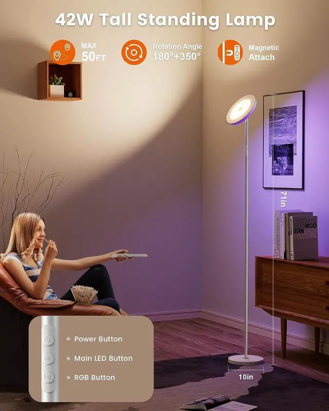 Alt view image 3 of 7 - Bright Floor Lamp,42W 3700LM LED Torchiere Floor Lamps for Living Room, 71in. Modern Tall Standing Light with Remote,Color & Brightness Dimmable Sky Light,1/2/3H Timer for Bedroom,Office(White)