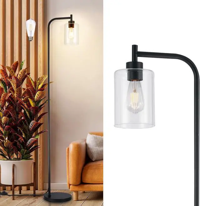 Main image of DLLT Floor Lamp Tall for Room: Black Standing Lamp with Clear Glass Lampshade for Living Room - Modern Bright Lamp for Bedroom - Industrial Corner Floor Lamps for Office 8W Led Bulb Included