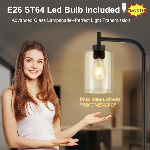 Alt view image 2 of 7 - DLLT Floor Lamp Tall for Room: Black Standing Lamp with Clear Glass Lampshade for Living Room - Modern Bright Lamp for Bedroom - Industrial Corner Floor Lamps for Office 8W Led Bulb Included