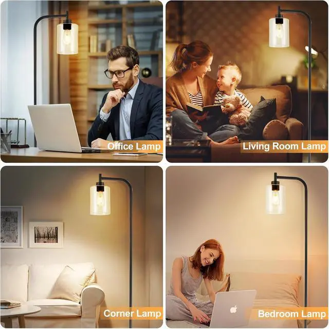 Alt view image 3 of 7 - DLLT Floor Lamp Tall for Room: Black Standing Lamp with Clear Glass Lampshade for Living Room - Modern Bright Lamp for Bedroom - Industrial Corner Floor Lamps for Office 8W Led Bulb Included