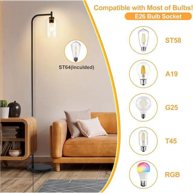 Alt view image 6 of 7 - DLLT Floor Lamp Tall for Room: Black Standing Lamp with Clear Glass Lampshade for Living Room - Modern Bright Lamp for Bedroom - Industrial Corner Floor Lamps for Office 8W Led Bulb Included
