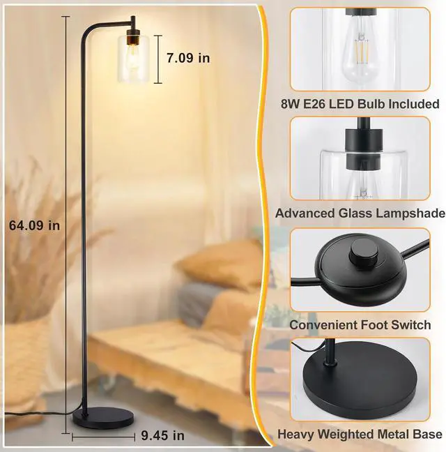 Alt view image 7 of 7 - DLLT Floor Lamp Tall for Room: Black Standing Lamp with Clear Glass Lampshade for Living Room - Modern Bright Lamp for Bedroom - Industrial Corner Floor Lamps for Office 8W Led Bulb Included