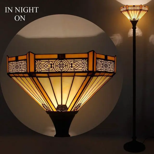 Alt view image 5 of 7 - WERFACTORY Tiffany Floor Lamp Yellow Hexagon Stained Glass Mission Light | 12X12X71 Inches Torchiere Standing Corner Torch Uplight Decor Bedroom Living Room Home Office S011 Series