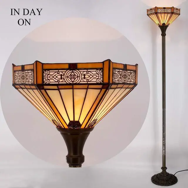 Alt view image 7 of 7 - WERFACTORY Tiffany Floor Lamp Yellow Hexagon Stained Glass Mission Light | 12X12X71 Inches Torchiere Standing Corner Torch Uplight Decor Bedroom Living Room Home Office S011 Series