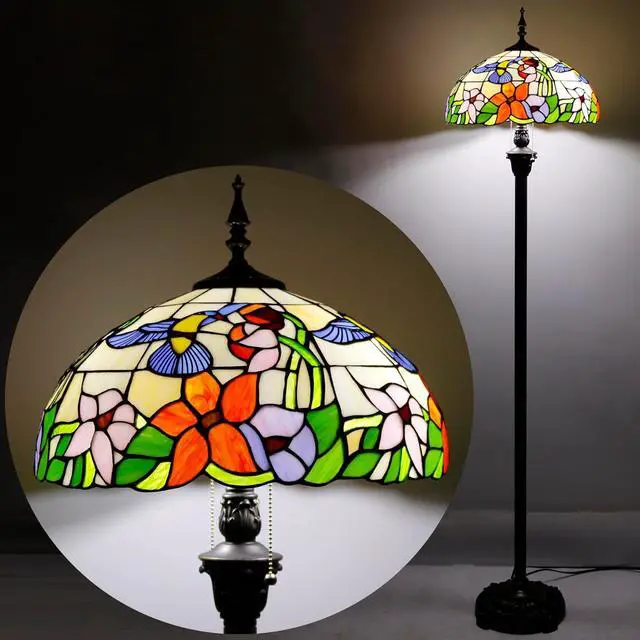 Alt view image 7 of 7 - WERFACTORY Tiffany Floor Lamp Hummingbird Amber Stained Glass Standing Reading Light 16X16X64 Inches Antique Pole Corner Lamp Decor Bedroom Living Room Home Office S101 Series