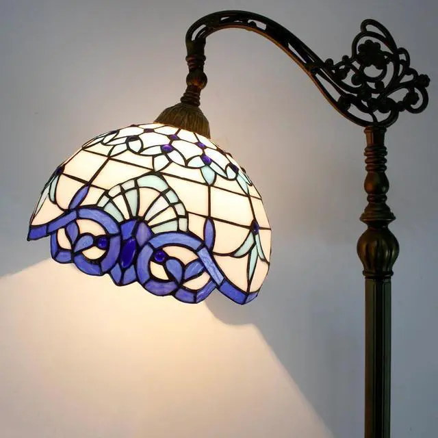 Alt view image 2 of 7 - WERFACTORY Tiffany Floor Lamp Navy Blue White Stained Glass Arched Lamp 12X18X64 Inches Gooseneck Adjustable Corner Standing Reading Light Decor Bedroom Living Room S003B Series