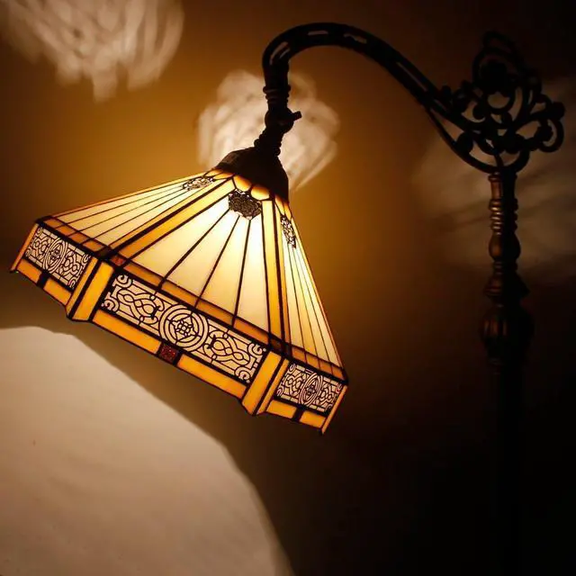 Alt view image 4 of 7 - WERFACTORY Tiffany Floor Lamp Mission Hexagon Stained Glass Arched Lamp | 12X18X64 Inches Gooseneck Adjustable Corner Standing Reading Light Decor Bedroom Living Room S011 Series