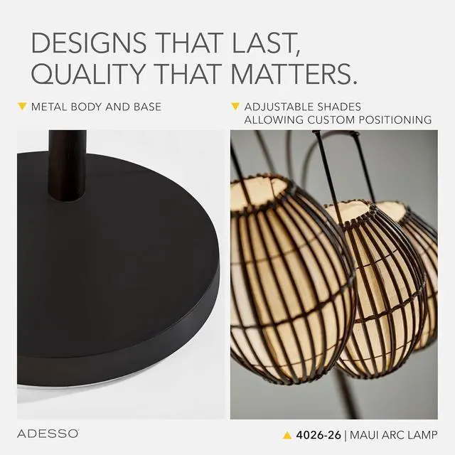 Alt view image 4 of 7 - Adesso Maui Arc Floor Lamp with 3 Movable Shades & Adjustable Height- Perfect Lighting for Bedroom, Living Room and Corner Decor, Antique Bronze