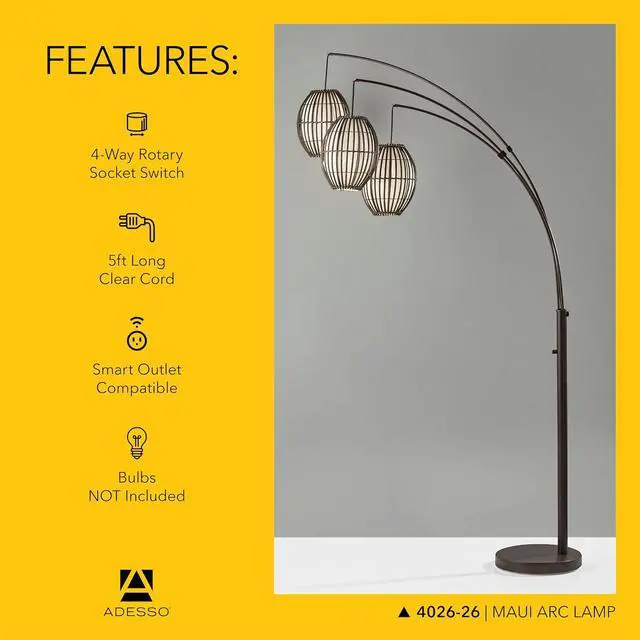 Alt view image 5 of 7 - Adesso Maui Arc Floor Lamp with 3 Movable Shades & Adjustable Height- Perfect Lighting for Bedroom, Living Room and Corner Decor, Antique Bronze