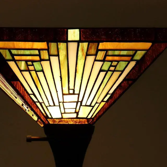 Alt view image 5 of 7 - Capulina Tiffany Lamp Stained Glass Torchiere Floor Lamp, 12x12x70 Inches Industrial Blackish Bronze Pole Amber Brown Antique Tiffany Style Torch Standing Lamp for Living Room Bedroom Home Office