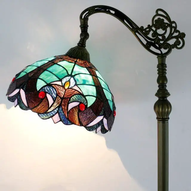 Alt view image 2 of 7 - WERFACTORY Tiffany Floor Lamp Green Liaison Stained Glass Arched Lamp | 12X18X64 Inches Gooseneck Adjustable Corner Standing Reading Light Decor Bedroom Living Room S160G Series