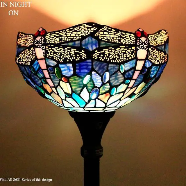 Alt view image 2 of 7 - WERFACTORY Tiffany Floor Lamp Sea Blue Stained Glass Dragonfly Light | 12X12X71 Inches Pole Torchiere Standing Corner Torch Uplight Decor Bedroom Living Room Home Office S631 Series