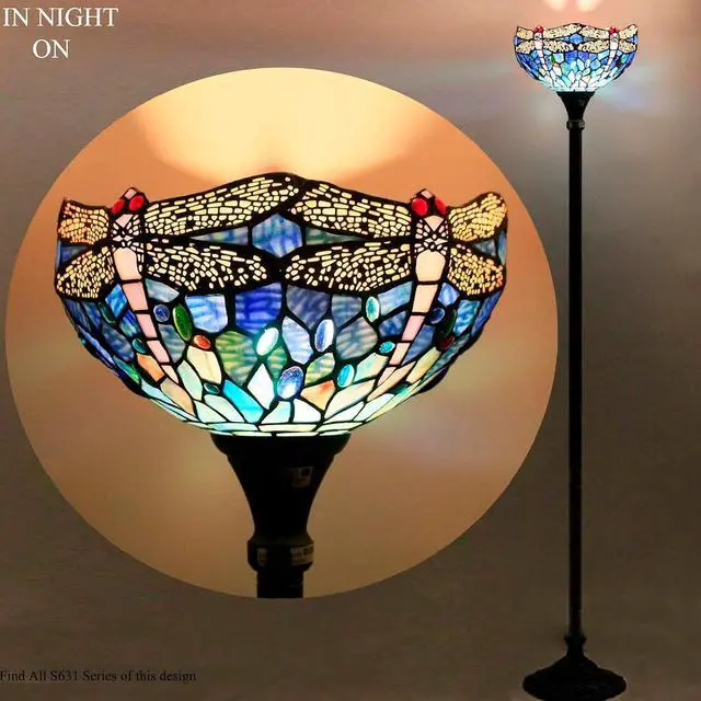 Alt view image 3 of 7 - WERFACTORY Tiffany Floor Lamp Sea Blue Stained Glass Dragonfly Light | 12X12X71 Inches Pole Torchiere Standing Corner Torch Uplight Decor Bedroom Living Room Home Office S631 Series