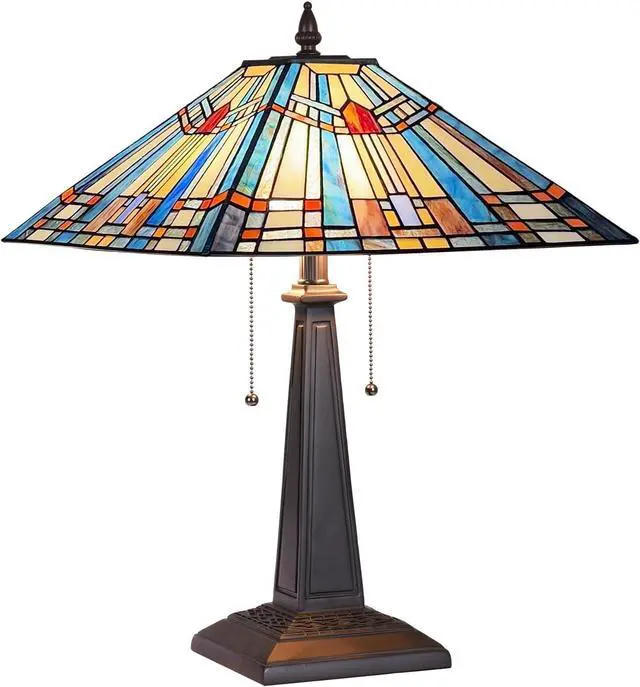 Main image of Tiffany Table Lamp 16" Wide Handmade Stained Glass Lamp Shade 2 Light Blue Mission Style Vintage Table Lamp for Living Room Bedroom