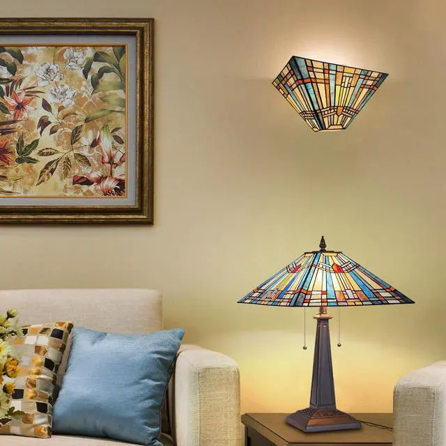 Alt view image 7 of 7 - Tiffany Table Lamp 16" Wide Handmade Stained Glass Lamp Shade 2 Light Blue Mission Style Vintage Table Lamp for Living Room Bedroom