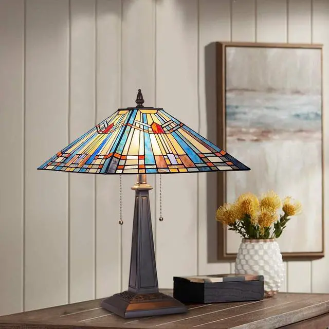 Alt view image 3 of 7 - Tiffany Table Lamp 16" Wide Handmade Stained Glass Lamp Shade 2 Light Blue Mission Style Vintage Table Lamp for Living Room Bedroom