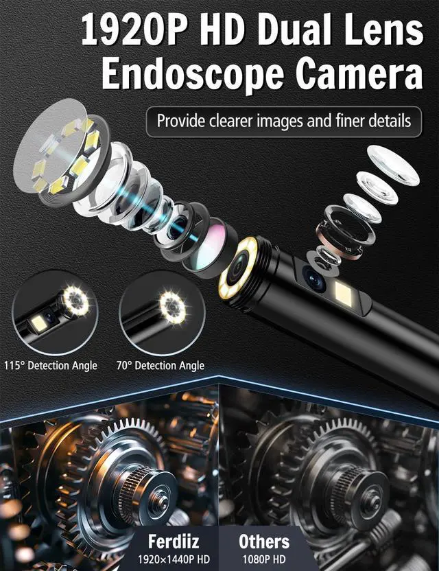 Alt view image 2 of 7 - Dual Lens Endoscope Camera with Light, 1920P HD Borescope with 8 Adjustable LED Lights, Borescope with 16.4ft Semi-Rigid Snake Camera with Light, 7.9mm IP67 Waterproof Endoscope for iOS and Android