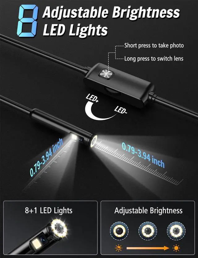 Alt view image 3 of 7 - Dual Lens Endoscope Camera with Light, 1920P HD Borescope with 8 Adjustable LED Lights, Borescope with 16.4ft Semi-Rigid Snake Camera with Light, 7.9mm IP67 Waterproof Endoscope for iOS and Android