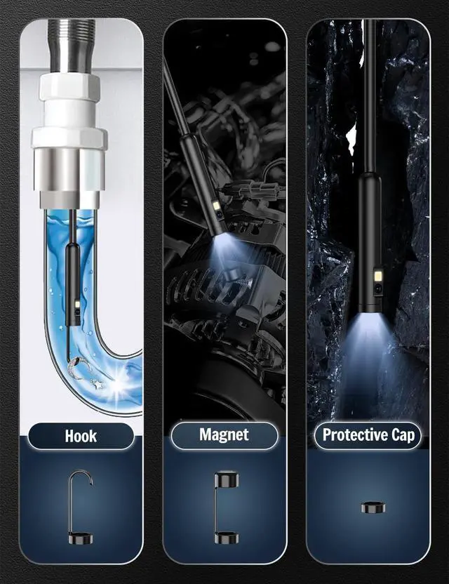 Alt view image 6 of 7 - Dual Lens Endoscope Camera with Light, 1920P HD Borescope with 8 Adjustable LED Lights, Borescope with 16.4ft Semi-Rigid Snake Camera with Light, 7.9mm IP67 Waterproof Endoscope for iOS and Android