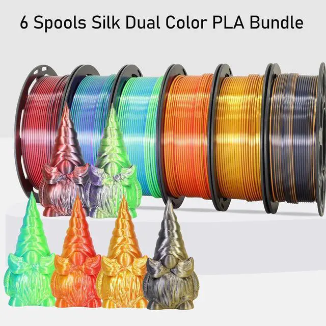 Alt view image 2 of 5 - MIKA3D 6 Spools Bicolor Dual Color 1.75mm 3D Printer Filament Bundle, 3D Printing Silk PLA, Silk Black-Red/Purple-Green/Blue-Green/Red-Gold/Gold-Copper/Black-Orange, 3D Printing PLA 250g X 6 Spools
