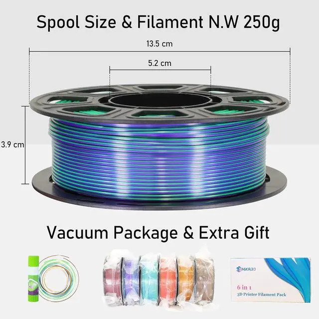 Alt view image 5 of 5 - MIKA3D 6 Spools Bicolor Dual Color 1.75mm 3D Printer Filament Bundle, 3D Printing Silk PLA, Silk Black-Red/Purple-Green/Blue-Green/Red-Gold/Gold-Copper/Black-Orange, 3D Printing PLA 250g X 6 Spools