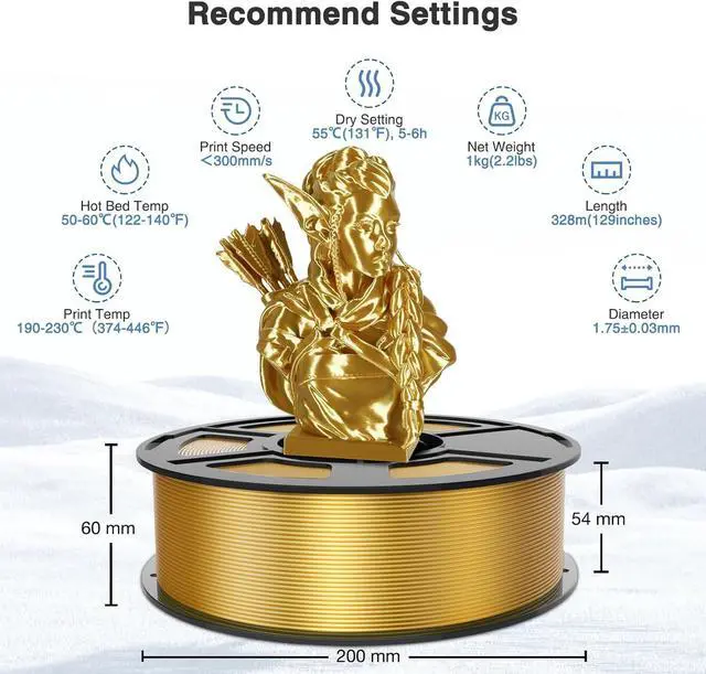 Alt view image 5 of 6 - Silk Gold PLA Filament 1.75mm, 1kg(2.2lbs) High Speed Shiny Metallic Golden 3D Printer Filament, Low Warp & Clog-Free, Dimensional Accuracy +/- 0.03mm for FDM 3D Printers