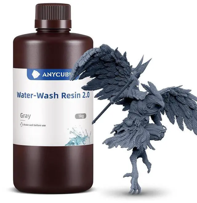 Main image of ANYCUBIC 3D Printer Resin, Water Washable Resin 2.0, No Need Extra Alcohol and Easy to Clean, Fast Curing, Low Odor, Wide Compatibility for All LCD Resin 3D Printers (Grey, 1kg)