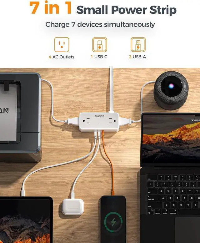 Alt view image 2 of 7 - Flat Plug Extension Cord 5 FT, TESSAN Surge Protector Power Strip with 4 AC Outlets 1 USB C and 2 USB A Ports, 900 Joules Protection, Multiple Wall Outlet Extender Suitable for Home Office Dorm