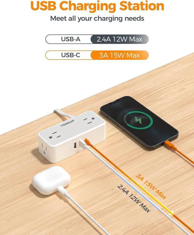 Alt view image 5 of 7 - Flat Plug Extension Cord 5 FT, TESSAN Surge Protector Power Strip with 4 AC Outlets 1 USB C and 2 USB A Ports, 900 Joules Protection, Multiple Wall Outlet Extender Suitable for Home Office Dorm