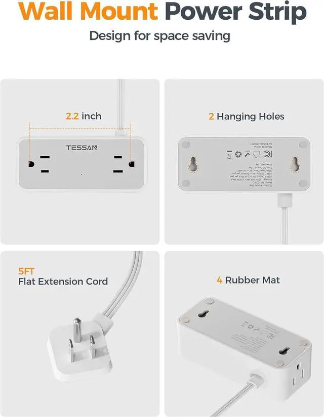 Alt view image 7 of 7 - Flat Plug Extension Cord 5 FT, TESSAN Surge Protector Power Strip with 4 AC Outlets 1 USB C and 2 USB A Ports, 900 Joules Protection, Multiple Wall Outlet Extender Suitable for Home Office Dorm