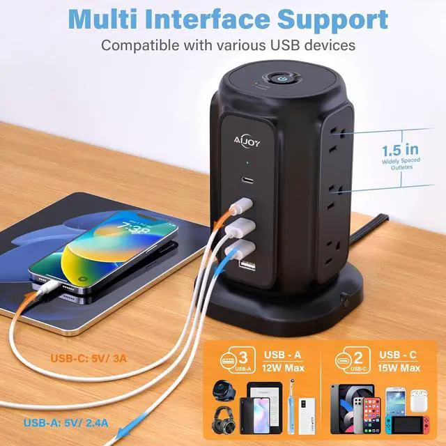 Alt view image 6 of 7 - AiJoy Flat Plug Power Strip Tower with 9 Outlets and 5 USB Ports (2 USB-C), 1200J Surge Protection, 1625W Extension Cord with Multiple Outlets Charging Station for Home Dorm Office Supplies