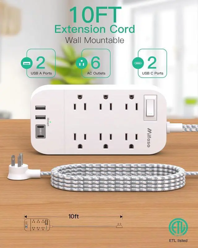 Alt view image 2 of 7 - Power Strip - 10 FT Long Flat Plug Extension Cord, 6 Outlets 2 USB A 2 USB C Ports Outlet Extender with Overload Protection, Wall Mount, Desktop Charging Station for Home, Office and Dorm Essential