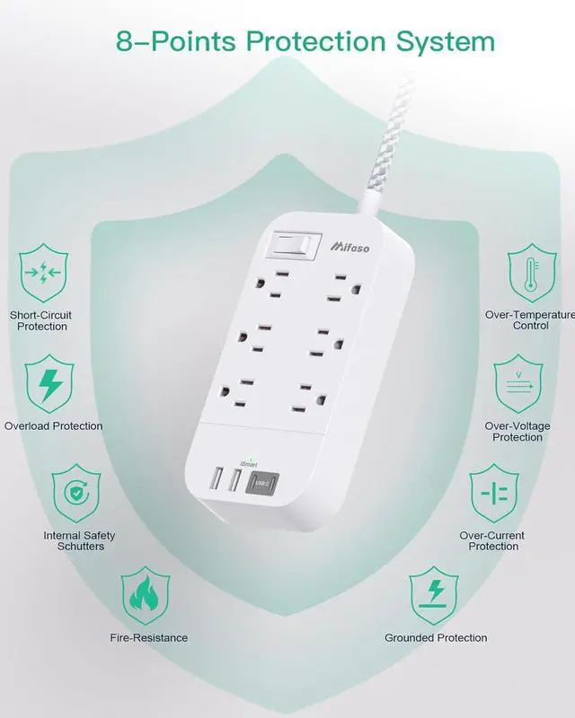 Alt view image 7 of 7 - Power Strip - 10 FT Long Flat Plug Extension Cord, 6 Outlets 2 USB A 2 USB C Ports Outlet Extender with Overload Protection, Wall Mount, Desktop Charging Station for Home, Office and Dorm Essential
