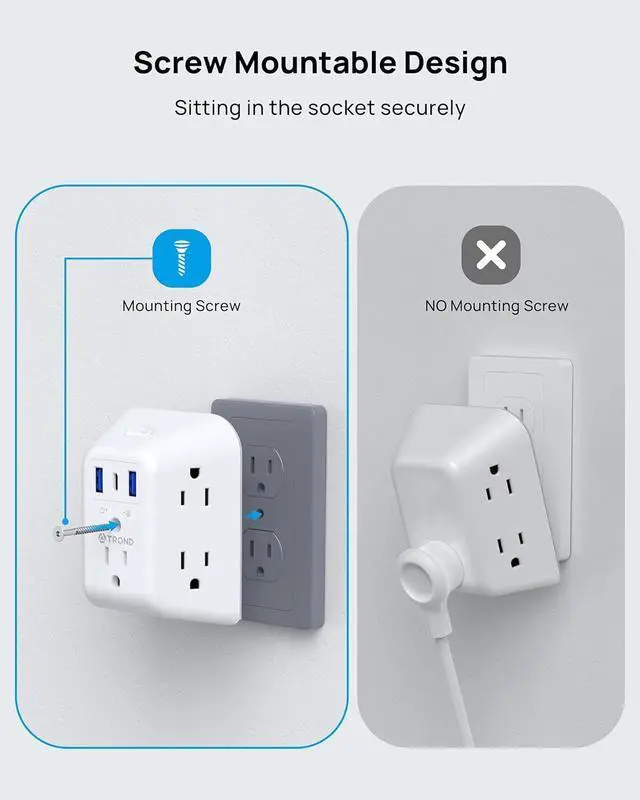 Alt view image 6 of 7 - TROND Surge Protector Outlet Extender - 5 Outlet Splitter with 3 USB Ports (1 USB C), Multi Plug Expander with ON/Off Switch, 3 Sided Multiple Wall Plug Power Strip for Home Travel Office