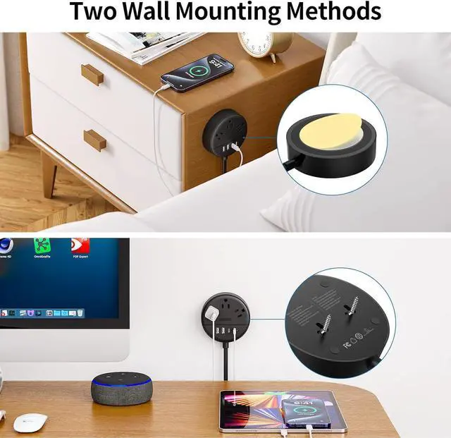 Alt view image 5 of 6 - NTONPOWER 2 Prong Power Strip, 1875W 2 Prong to 3 Prong Outlet Adapter, 2 Prong Extension Cord 5 ft, Rotating Plug, Wall Mount, 3 Outlet 2 USB A+2 USB C, Two Power Strip for Travel, Older House, Dorm