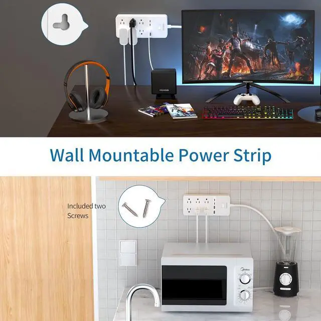 Alt view image 3 of 7 - NTONPOWER 2 Prong Power Strip with 10ft Extension Cord, 2100J Surge Protector 1875W with 6 Outlets 4 USB Ports (2 USB C), 3 Prong Outlet Adapter, Wall Mount for Non-Grounded Plug, Ideal for Old House