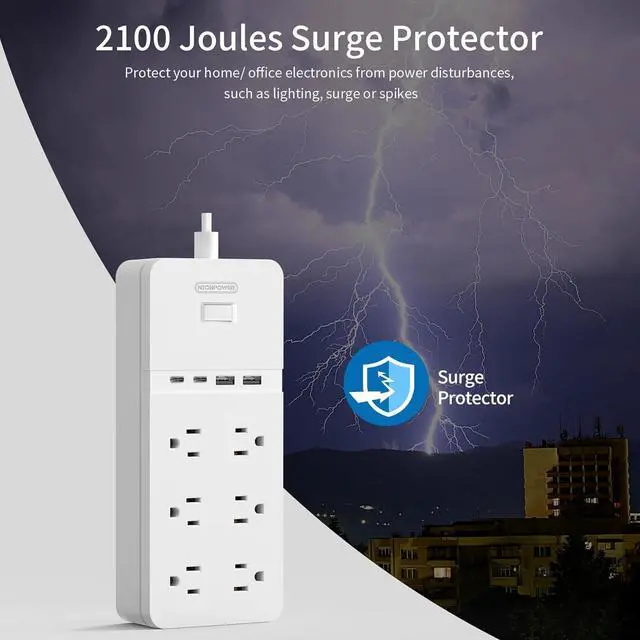 Alt view image 4 of 7 - NTONPOWER 2 Prong Power Strip with 10ft Extension Cord, 2100J Surge Protector 1875W with 6 Outlets 4 USB Ports (2 USB C), 3 Prong Outlet Adapter, Wall Mount for Non-Grounded Plug, Ideal for Old House