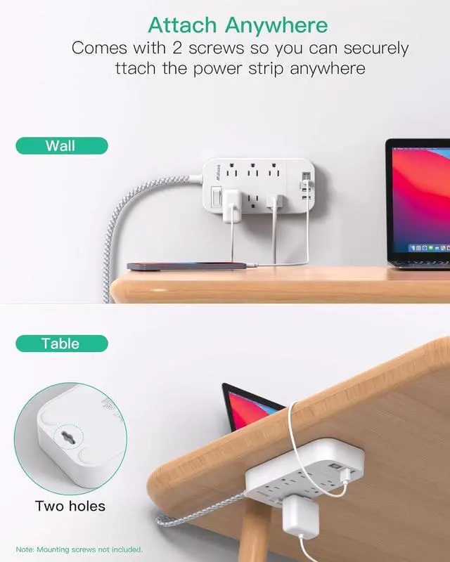 Alt view image 5 of 7 - Power Strip - 10 FT Long Flat Plug Extension Cord, 6 Outlets 2 USB A 2 USB C Ports Outlet Extender with Overload Protection, Wall Mount, Desktop Charging Station for Home, Office and Dorm Essential