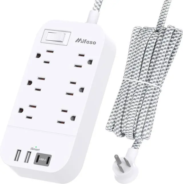 Main image of Power Strip - 10 FT Long Flat Plug Extension Cord, 6 Outlets 2 USB A 2 USB C Ports Outlet Extender with Overload Protection, Wall Mount, Desktop Charging Station for Home, Office and Dorm Essential