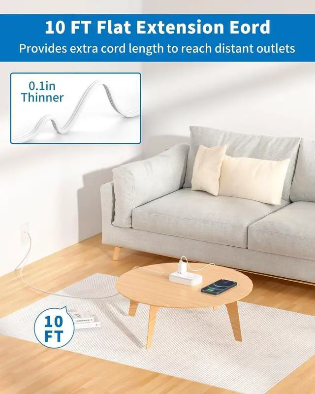 Alt view image 2 of 7 - Power Strip 10 ft, Flat Plug Extension Cord with 6 Outlets 4 USB Ports, Outlet Extender Long Cord, Overload Protection, Extension Cord with Multiple Outlets for Indoor, Home, Office