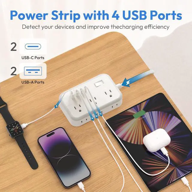 Alt view image 3 of 7 - Power Strip 10 ft, Flat Plug Extension Cord with 6 Outlets 4 USB Ports, Outlet Extender Long Cord, Overload Protection, Extension Cord with Multiple Outlets for Indoor, Home, Office
